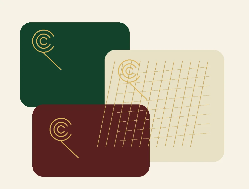 Green, cream and deep red textile swatches with gold embroidery-inspired patterns