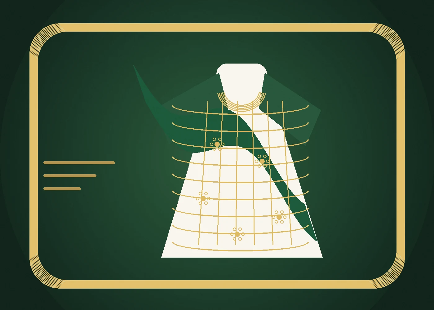 Fashion-inspired green and gold embroidered garment illustration